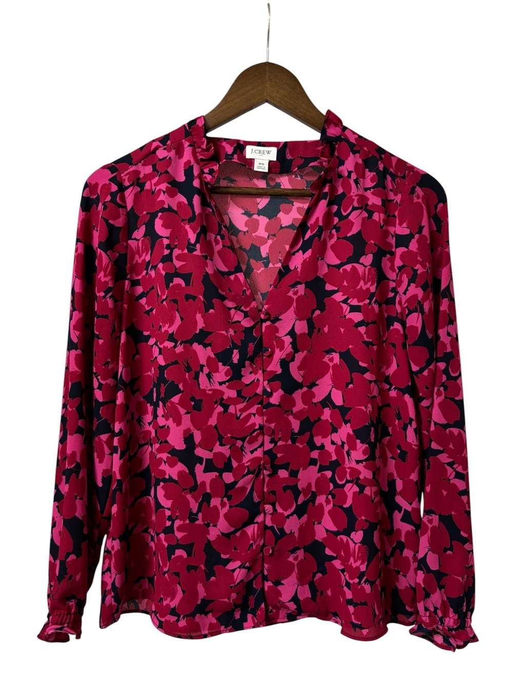 J.Crew vibrant magenta floral print front button ruffle cuff V Neck blouse XS